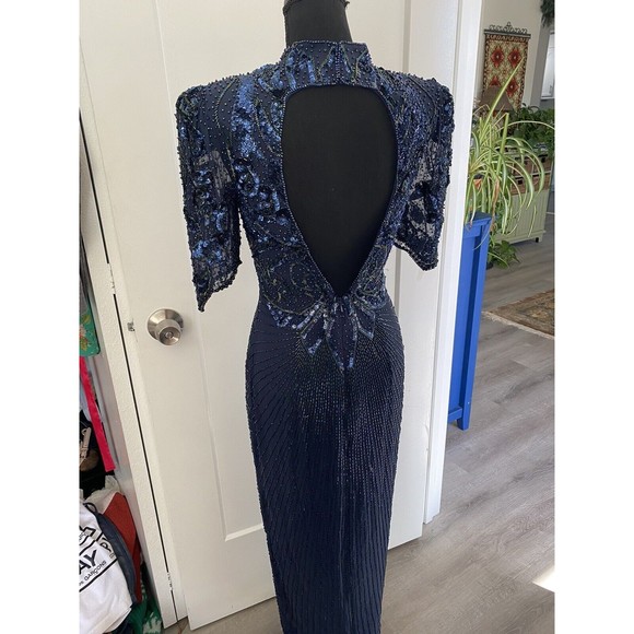 Vtg Alyce Flapper Art Deco 100% silk Navy beaded Pageant gown, Open Back Size 4 - Picture 5 of 12